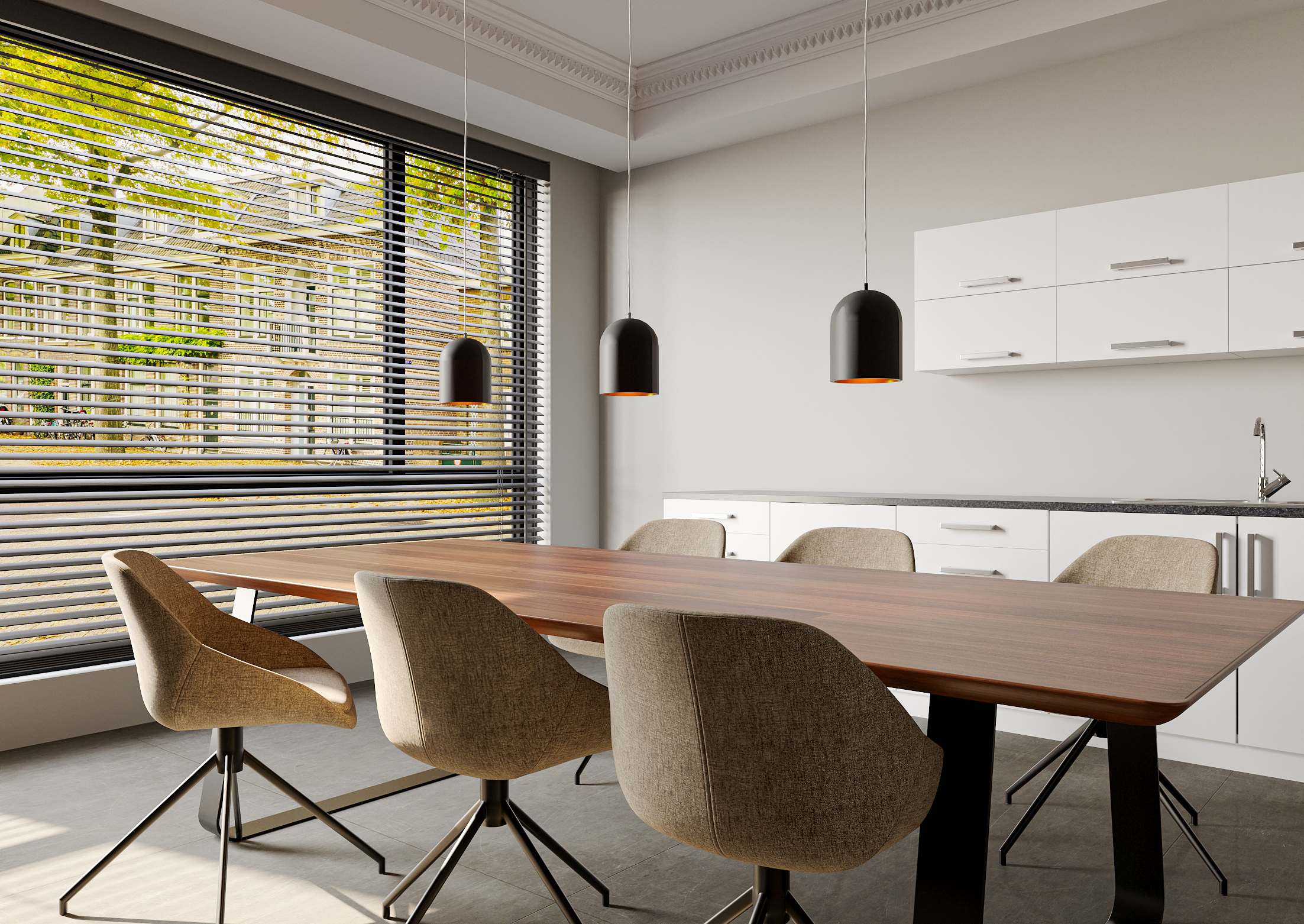 3d render impressie eettafel en lampen