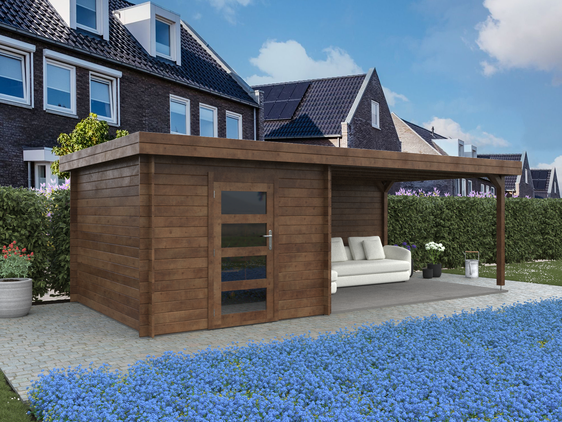 3d render impressie bruin tuinhuis met overkapping