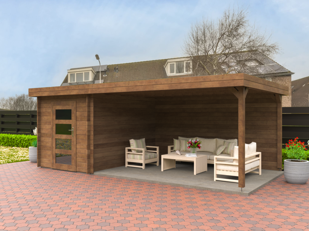 Render bruin tuinhuis met platdak in tuin